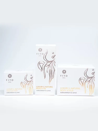 Zestaw rokitnikowo-marchewkowy: olej 100 ml, peeling 350 g, masło shea 120 ml